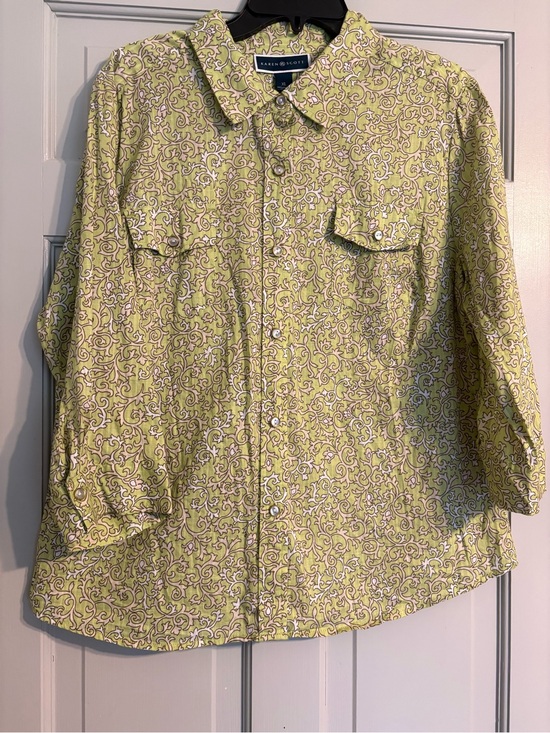 Karen Scott Tops - Karen Scott XL Lime Green Paisley-Print Button-Down Shirt 3/4 Sleeves